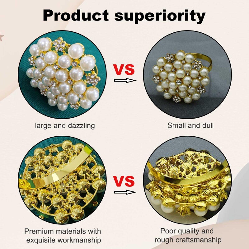 LogHog Elegant Pearls Napkin Rings Set of 12,Napkin Holder Ring Metal Buckles for Table Setting Decor at Thanksgiving,Christmas,Valentine's,Wedding,Parties,Holiday-Gold Ring White Pearls Bling Rhinestones. - Image 2